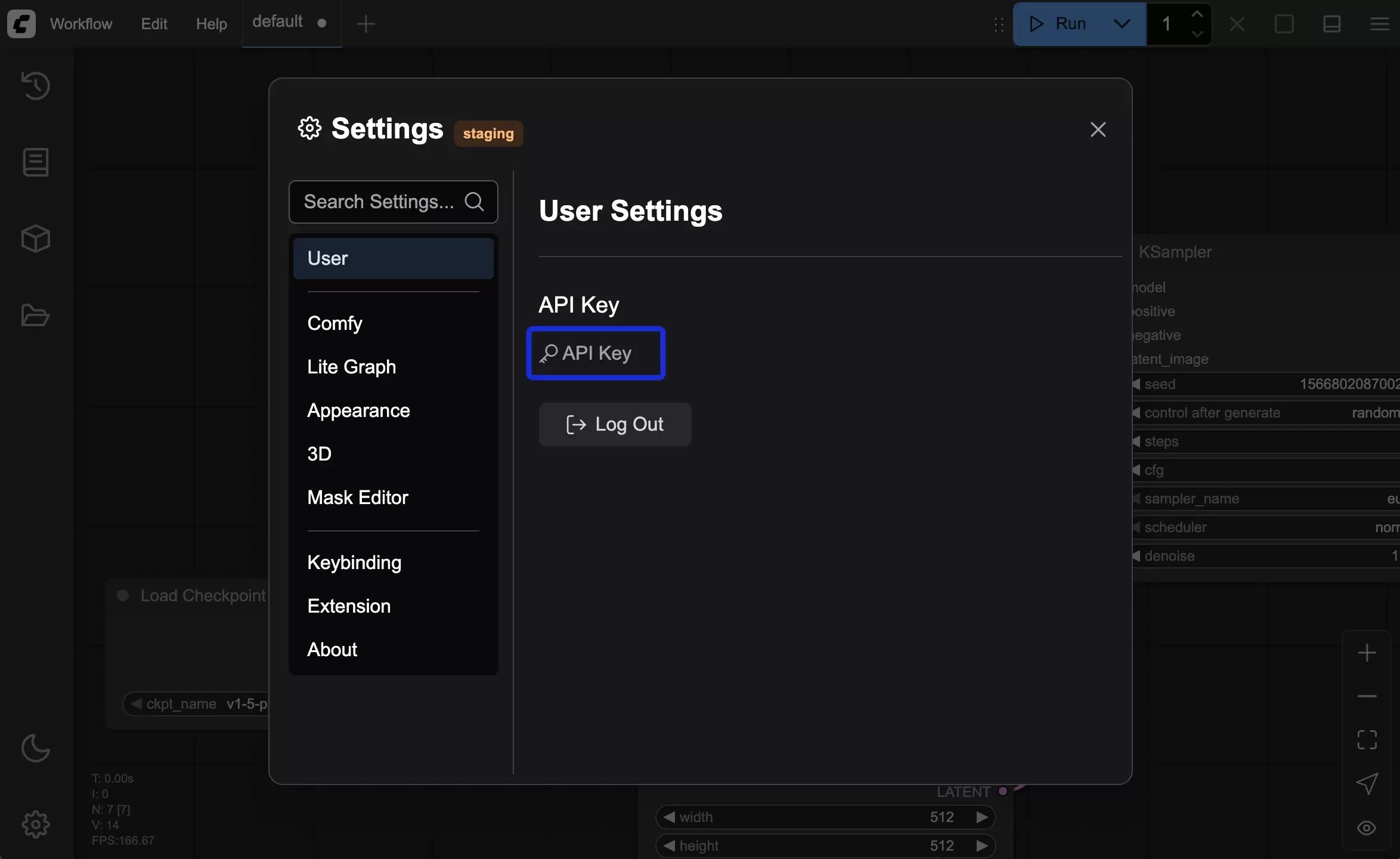 ComfyUI User Settings 登录成功后显示 API Key 身份与 Log Out 按钮