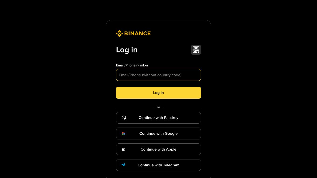 Binance 官方登录页显示邮箱或手机号输入框、黄色 Log In 按钮，以及 Passkey、Google、Apple 和 Telegram 登录方式