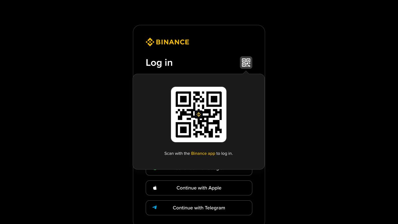 Binance 官方登录页展开二维码登录窗口，提示使用 Binance App 扫码完成登录