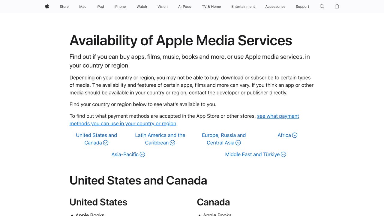 Apple 官方媒体服务可用性页面说明应用能否购买和下载会因国家或地区而异