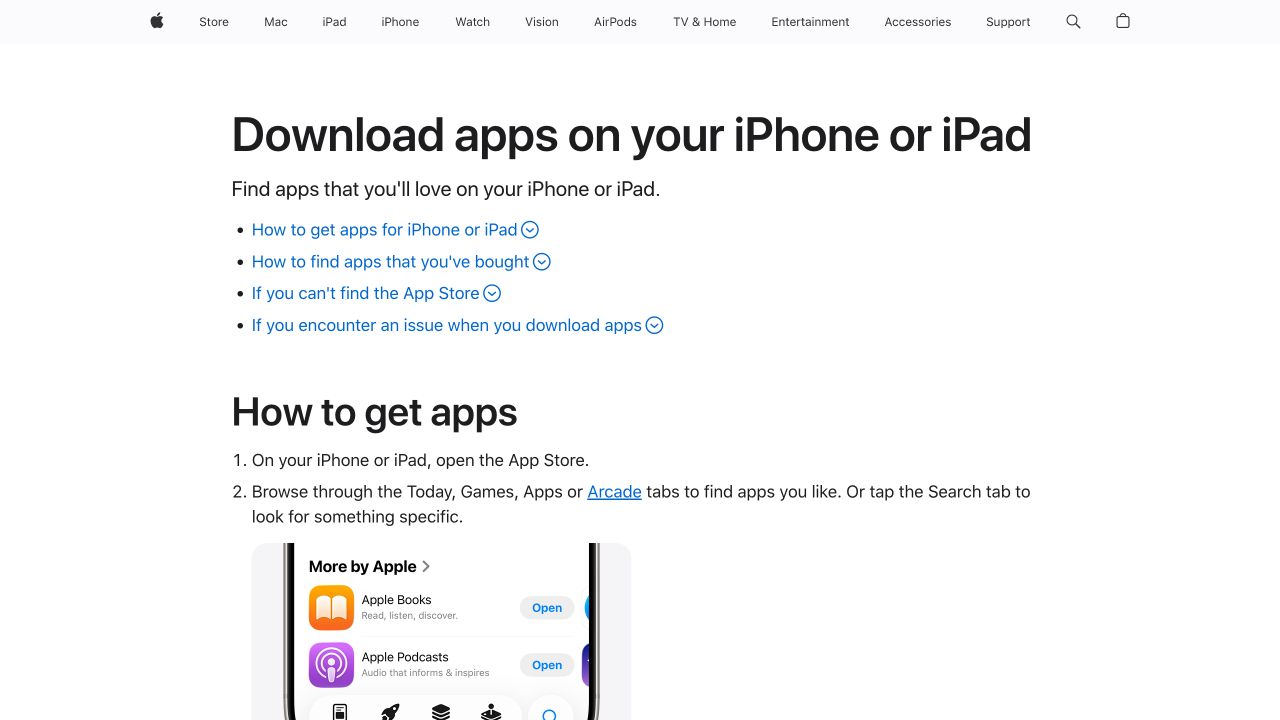 Apple 官方支持页面展示在 iPhone 或 iPad 上打开 App Store、搜索应用并获取应用的步骤