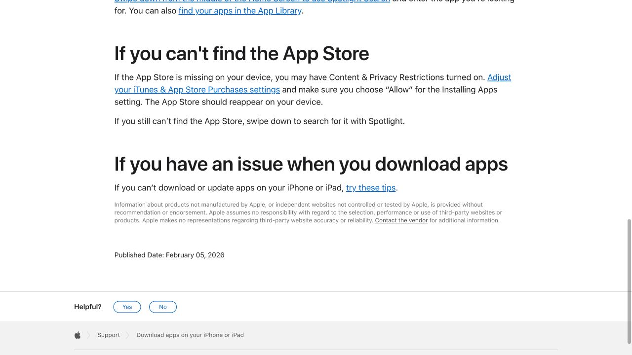 Apple 官方支持页面说明 App Store 缺失时检查内容与隐私限制,并允许安装应用