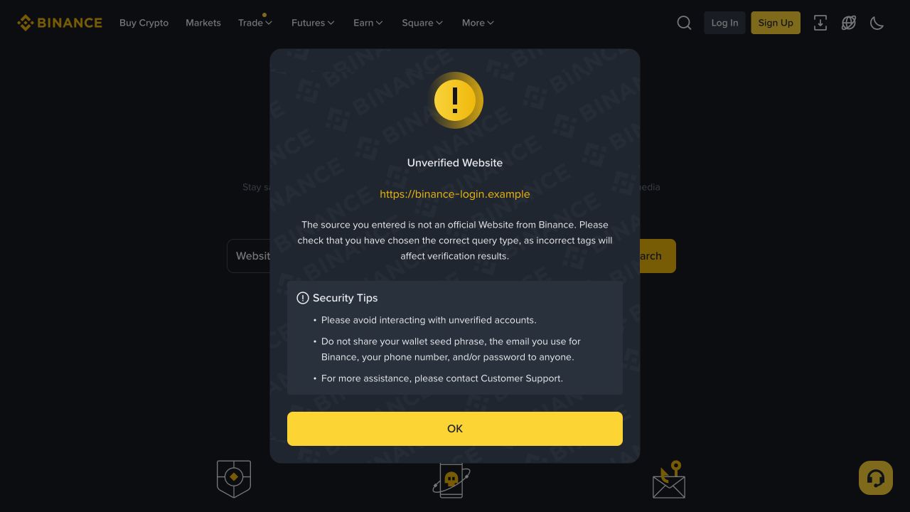 Binance Verify 对保留测试域名 binance-login.example 显示 Unverified Website