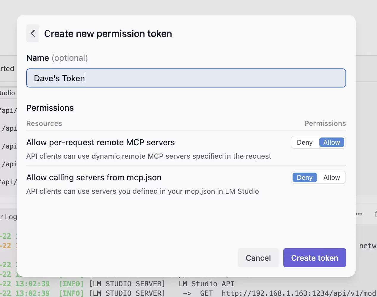 LM Studio Create new permission token 窗口中的名称、权限和 Create token 按钮