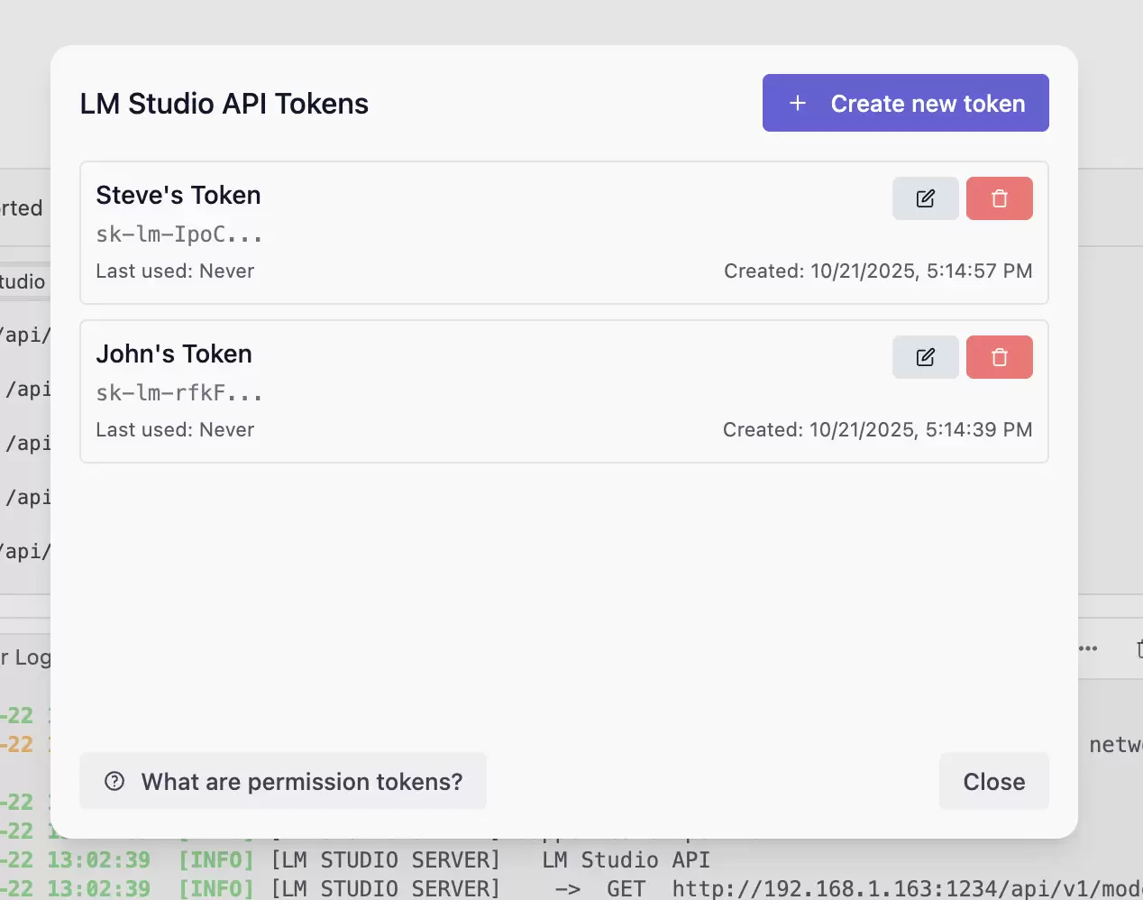LM Studio API Tokens 列表中的掩码令牌、编辑按钮和删除按钮