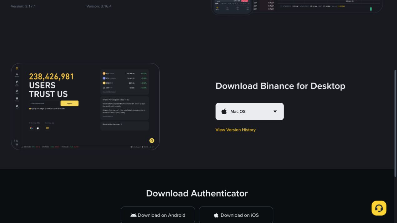 Binance 官方下载页的桌面端区域，显示 Mac OS 入口和 View Version History