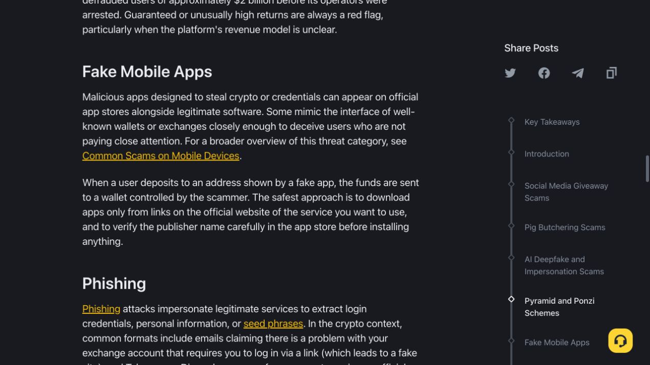 Binance Academy 关于 Fake Mobile Apps 的安全说明，提醒从官方网站链接下载并核对商店发布者