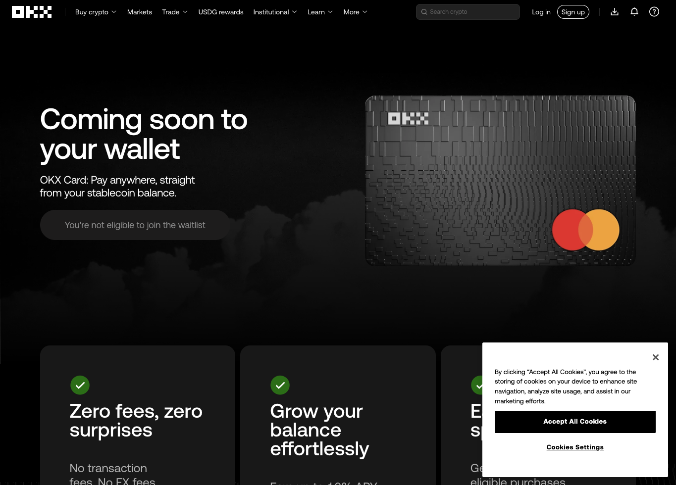 OKX Card 官方 Pay 页面展示支付卡入口和可用性提示