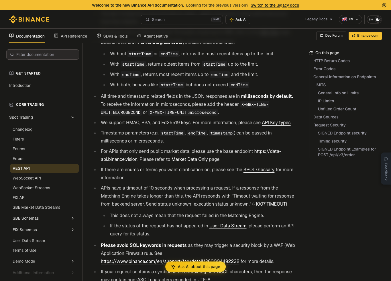 币安现货 REST API 安全类型文档截图,展示密钥类型、timestamp 和请求安全提示