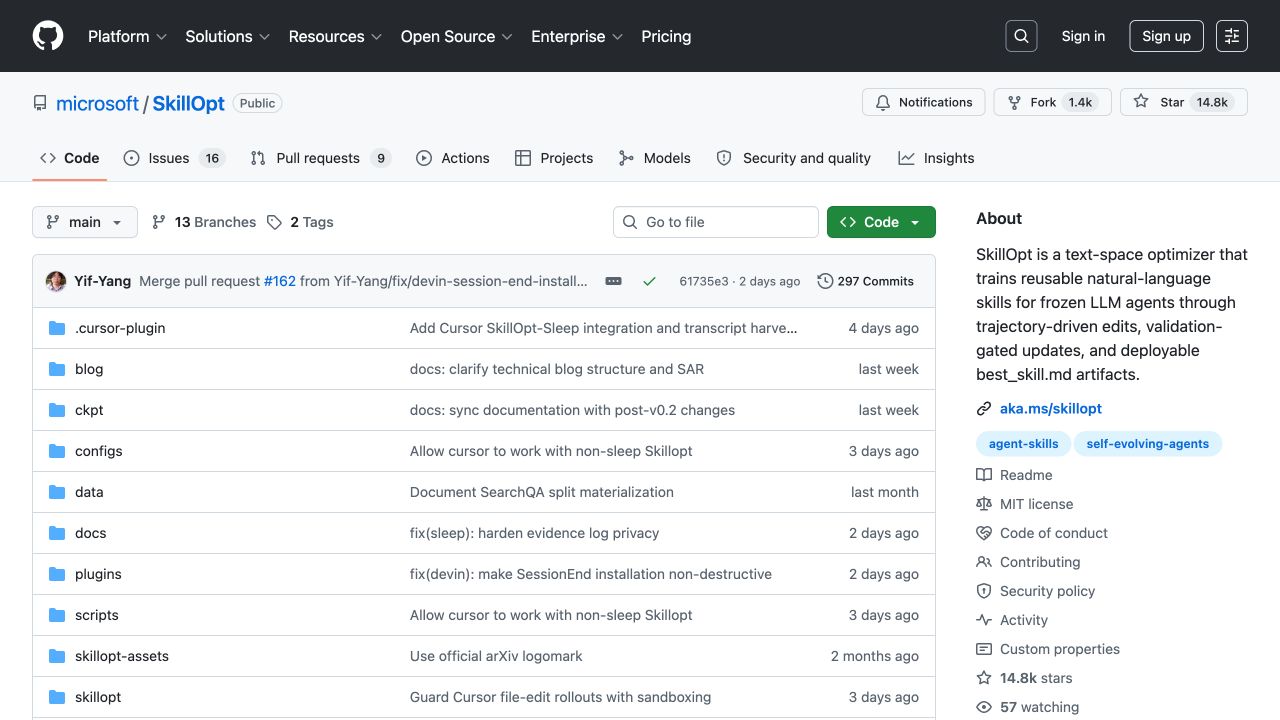 微软 SkillOpt GitHub 仓库首页，页面显示 configs、docs、plugins、scripts 和 skillopt 等目录