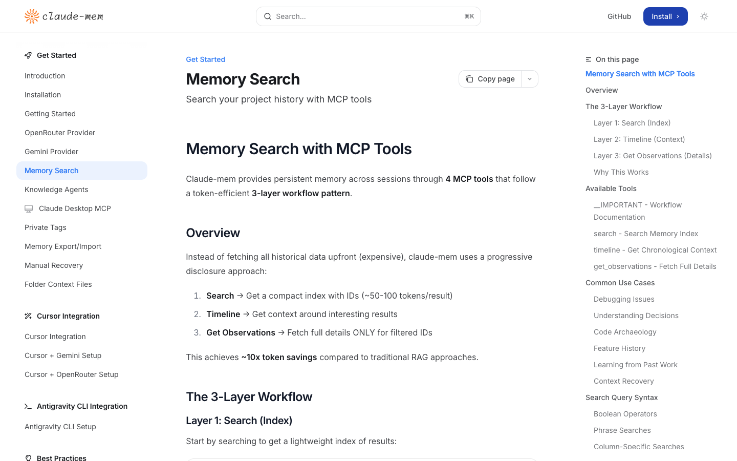 claude-mem 官方 Memory Search 页面，展示 search、timeline、get_observations 三层检索流程