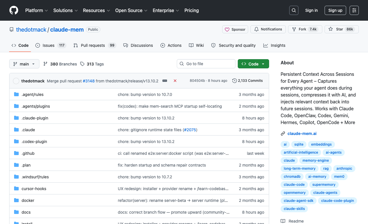 claude-mem GitHub 官方仓库页面,显示 thedotmack/claude-mem 项目名称、仓库文件和 About 描述