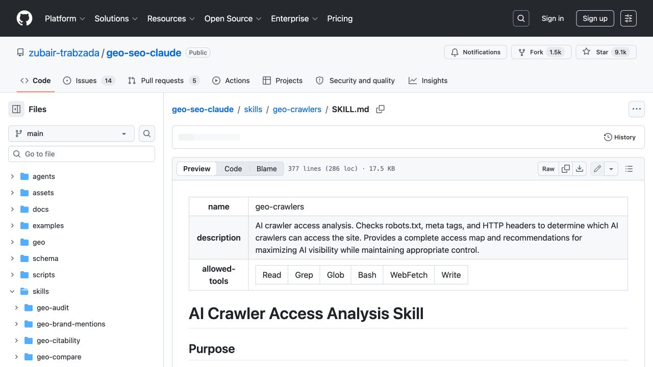 geo-crawlers 的官方 SKILL.md 页面,可见 AI crawler access 与 robots.txt 检查说明
