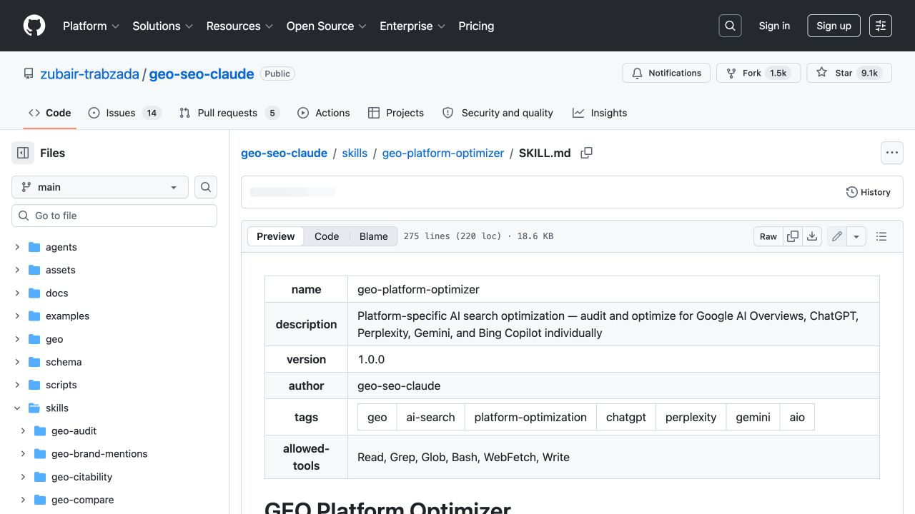 geo-platform-optimizer 的官方 SKILL.md 页面,可见平台专项优化说明