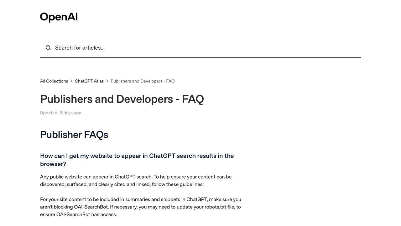 OpenAI Publishers and Developers FAQ 页面，可见 ChatGPT 搜索与 OAI-SearchBot 说明