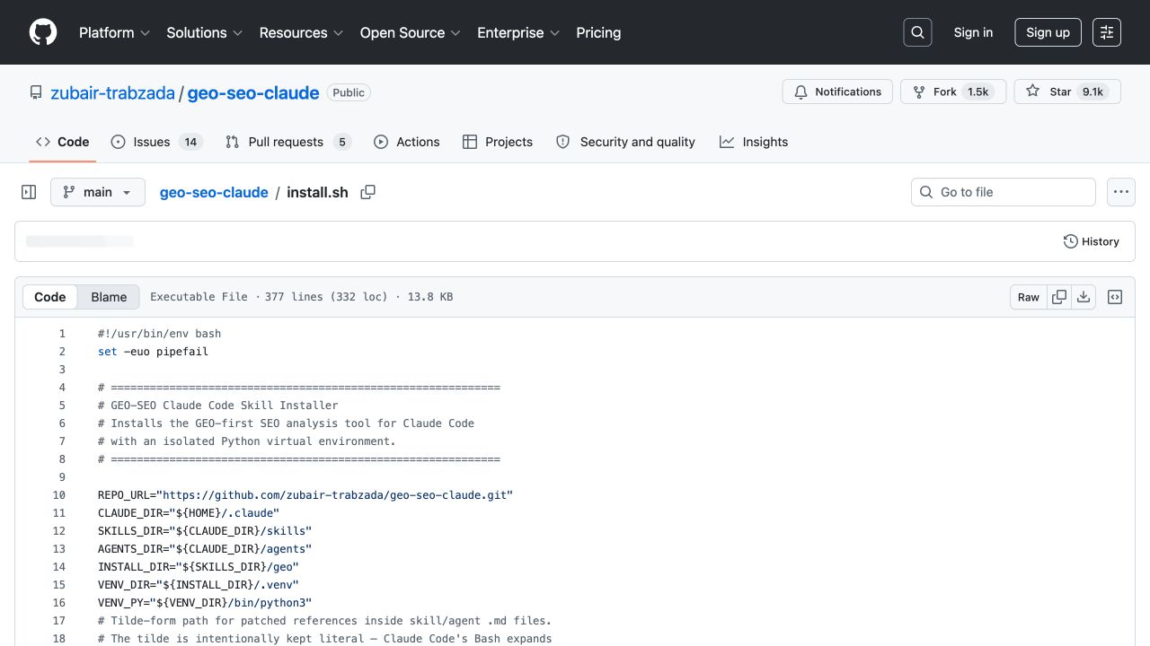 GitHub 中的 install.sh 源码页面，可见安装目录与依赖检查逻辑