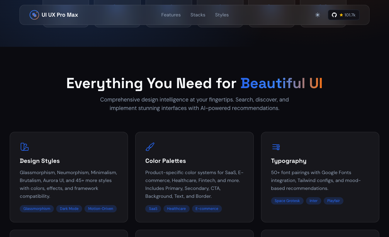 UI UX Pro Max 官网功能区，展示 Design Styles、Color Palettes、Typography 等设计能力模块