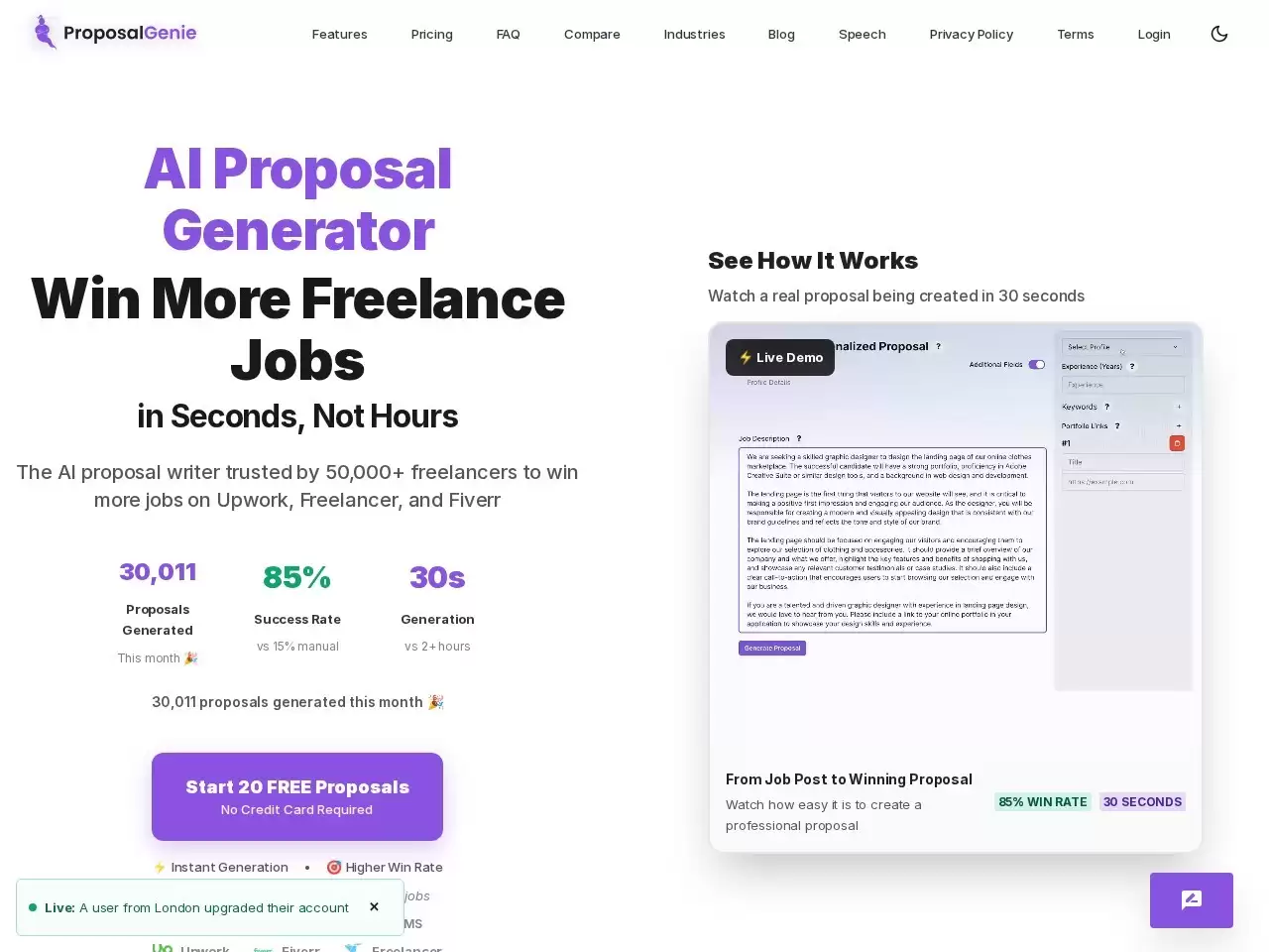 ProposalGenie-ProposalGenie是借助AI为自由职业者平台（如Upwork）生成定制提案的SaaS