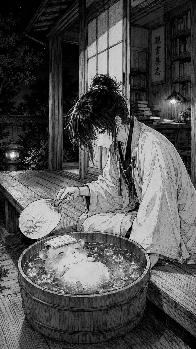 漫画风格：阳台仓鼠冰浴
