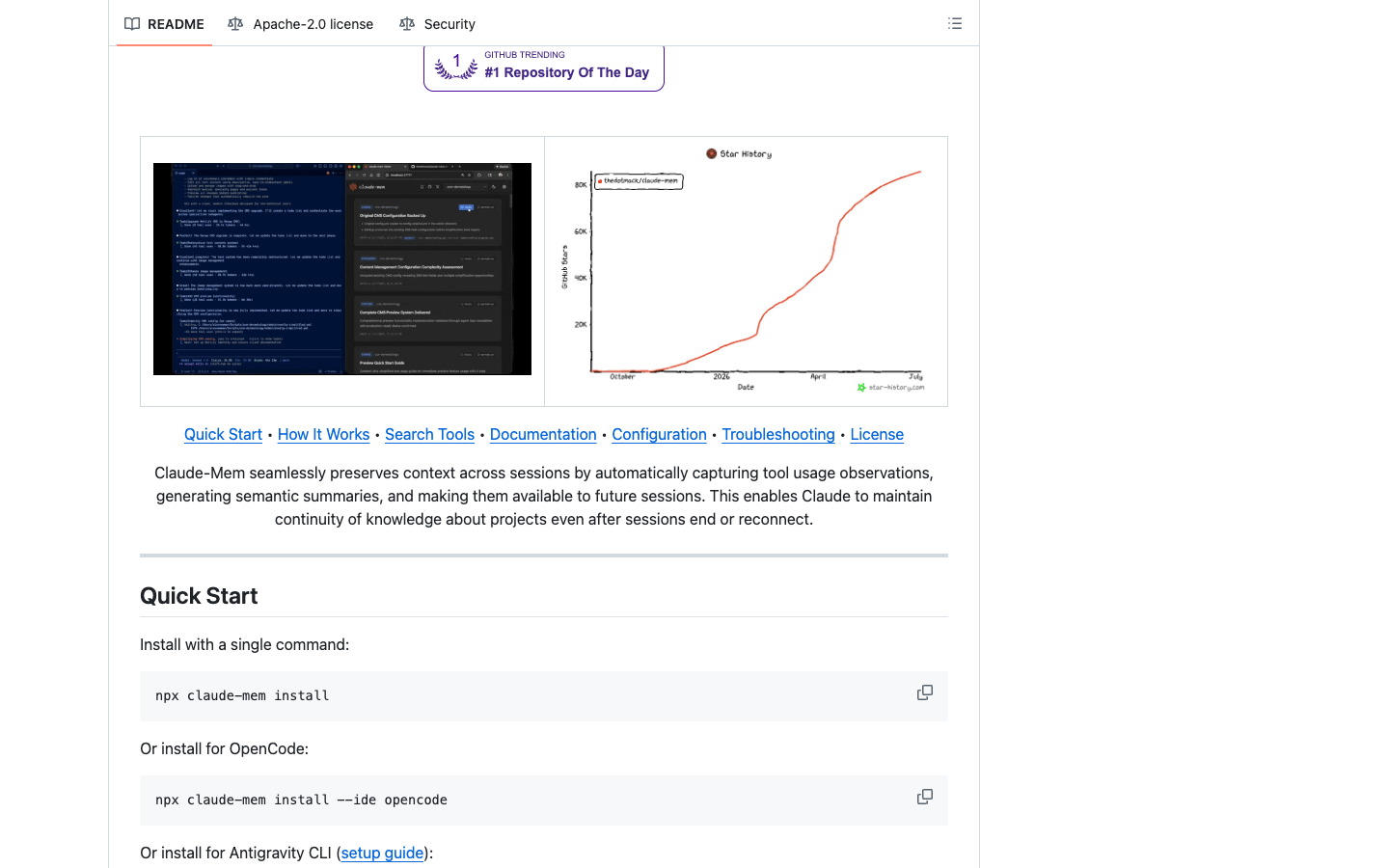 claude-mem GitHub README 快速开始区域，显示 npx claude-mem install 和项目说明