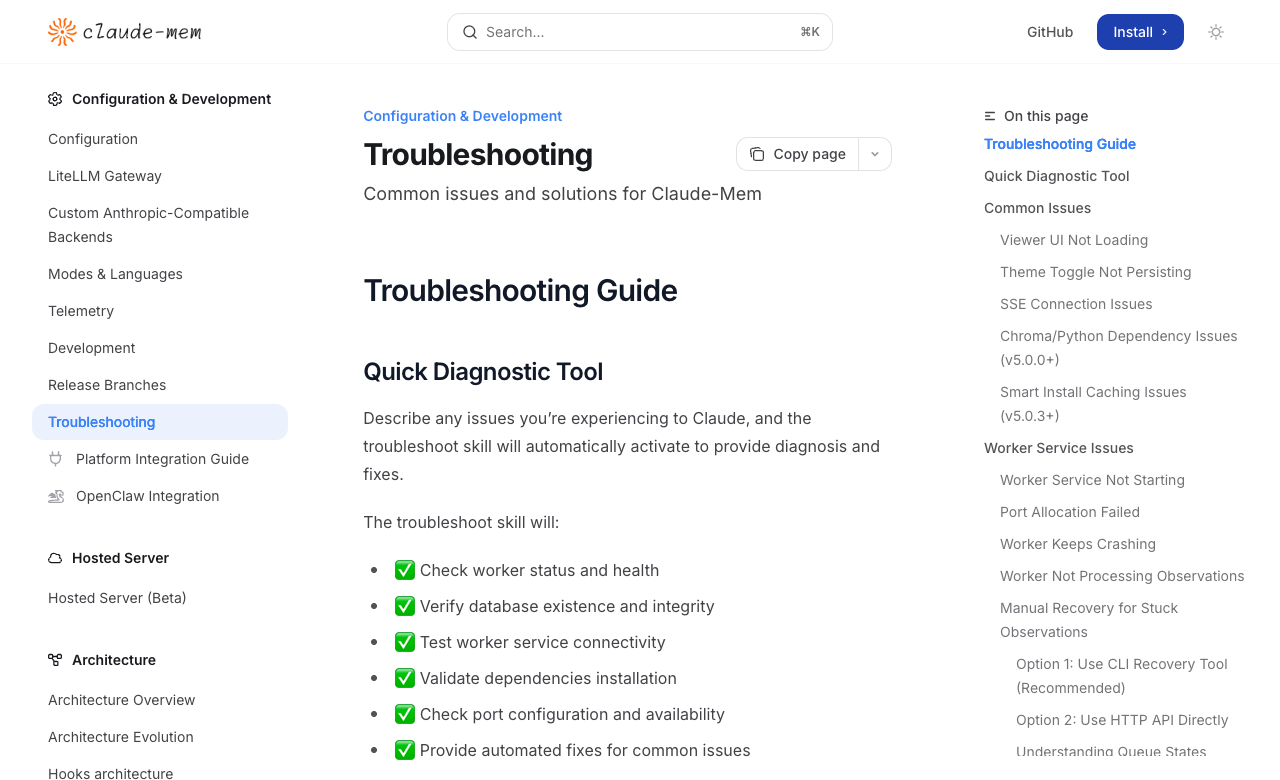 claude-mem 官方 Troubleshooting 页面，展示诊断工具和常见问题分类