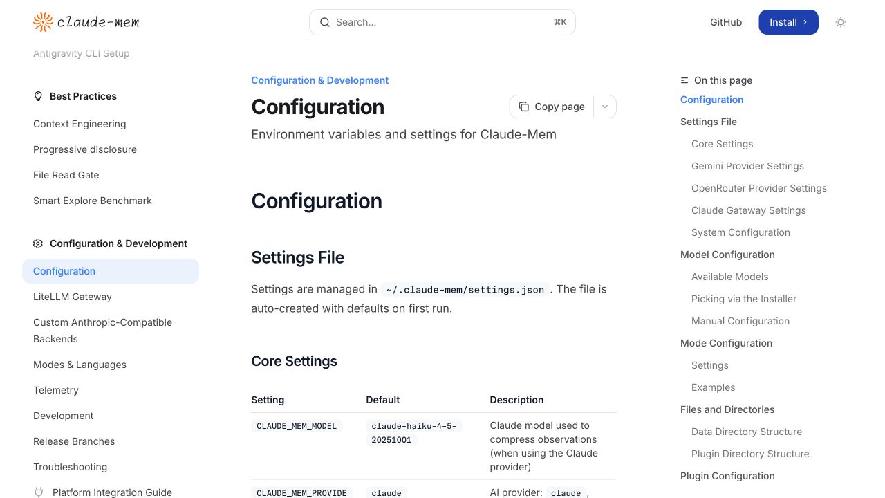 claude-mem 官方配置页显示 settings.json 和核心配置项