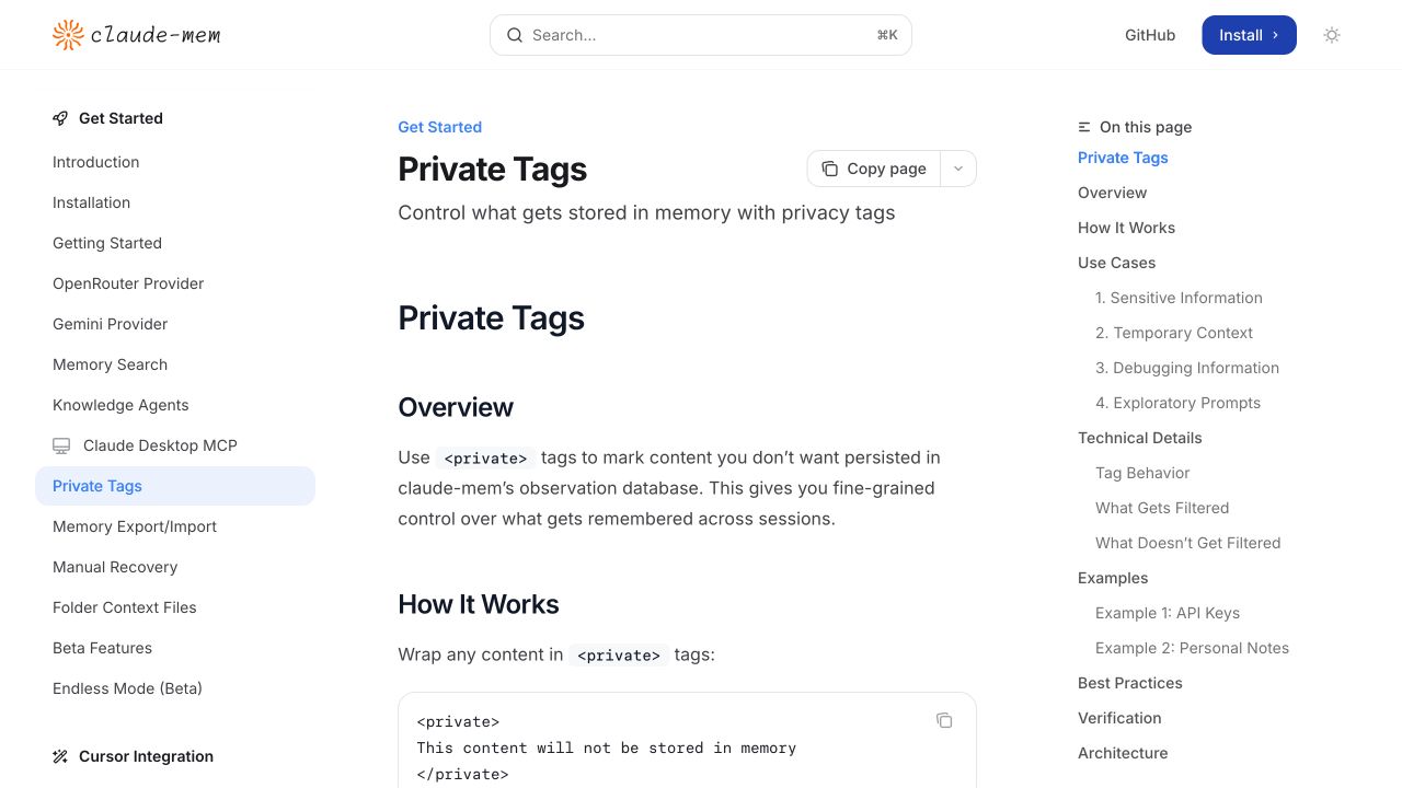 Claude-Mem 官方 Private Tags 页面截图，页面说明 private 标签会过滤用户提示、工具输入、工具输出和可搜索内容