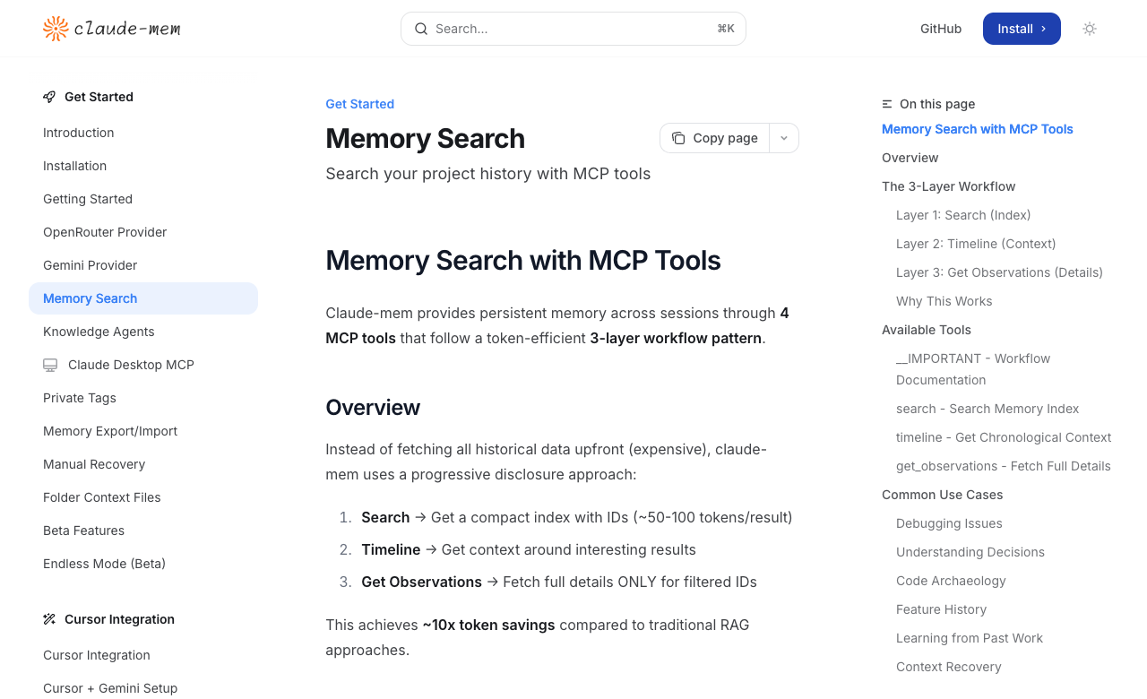 Claude-Mem 官方 Memory Search 页面截图，页面展示 Search、Timeline、Get Observations 三层工作流
