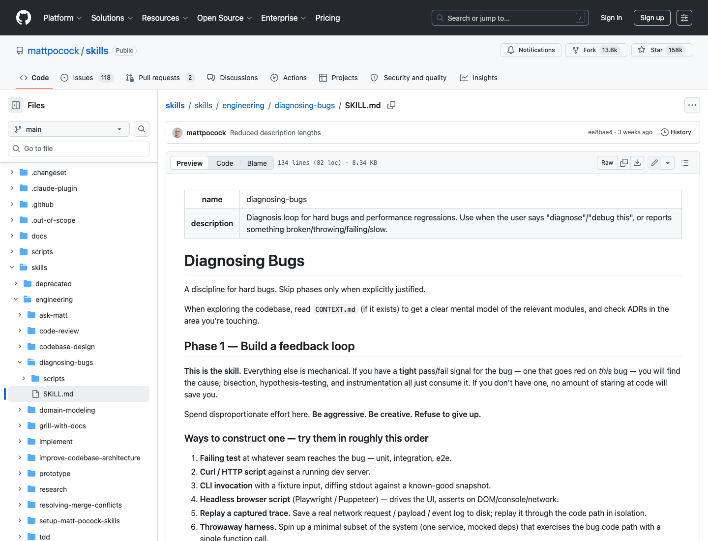 mattpocock/skills 中 diagnosing-bugs 的 SKILL.md 截图，显示先建立反馈环的要求