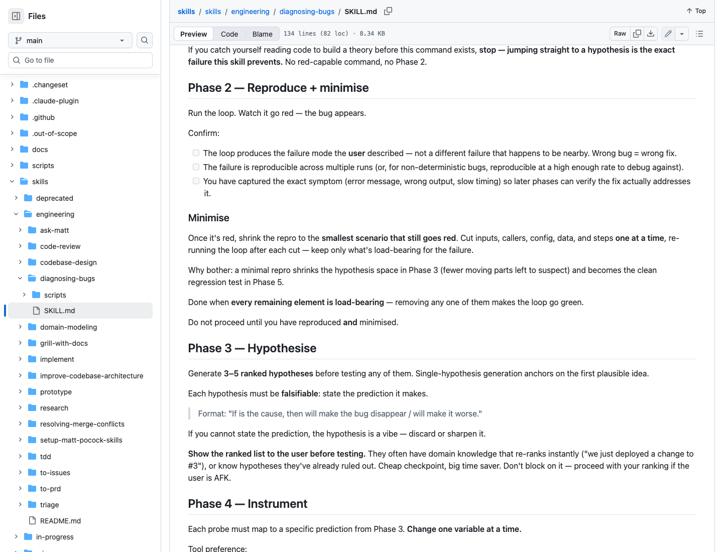 mattpocock/skills 的 diagnosing-bugs 截图，显示复现、最小化、假设和插桩阶段