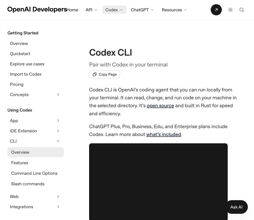 OpenAI Codex 官方文档展示 CLI 入口与运行方式