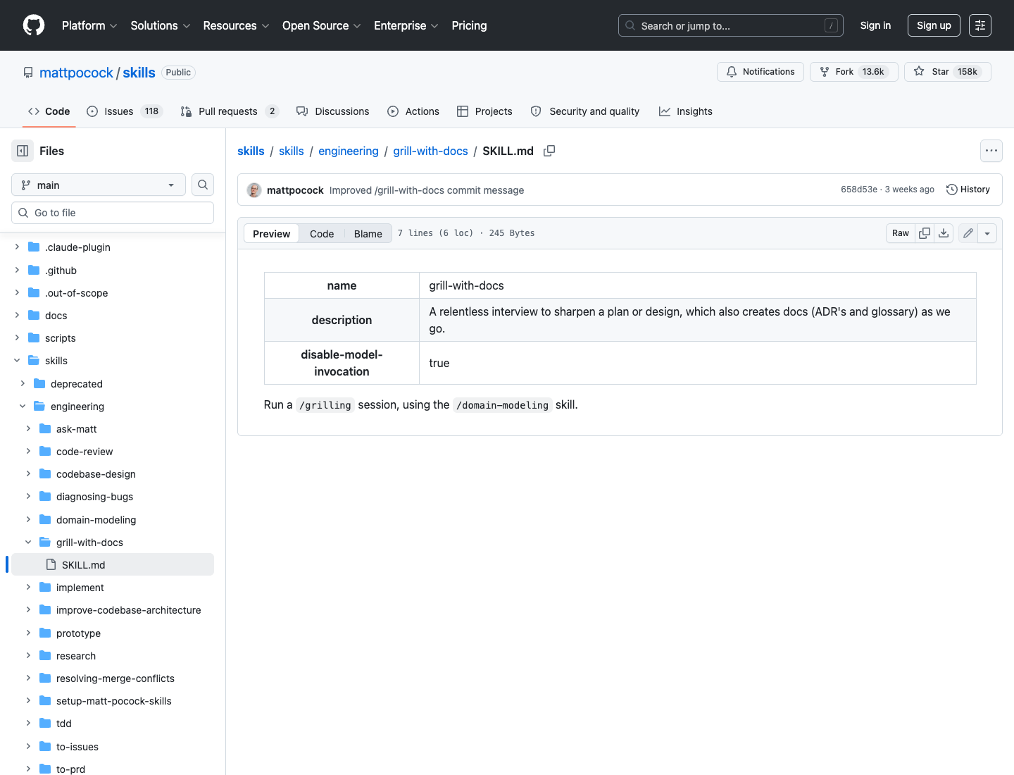 mattpocock/skills 中 grill-with-docs 的 SKILL.md 截图，显示它会通过访谈打磨计划并生成文档