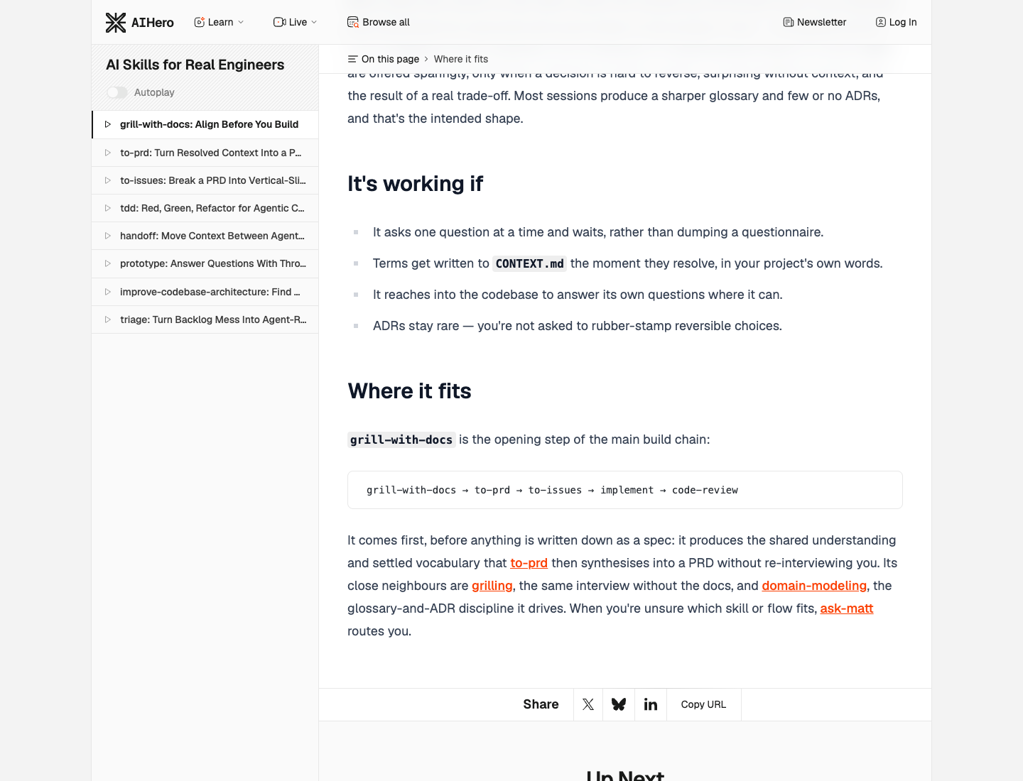 AIHero 页面截图，显示 grill-with-docs 到 to-prd、to-issues、implement、code-review 的工程链路
