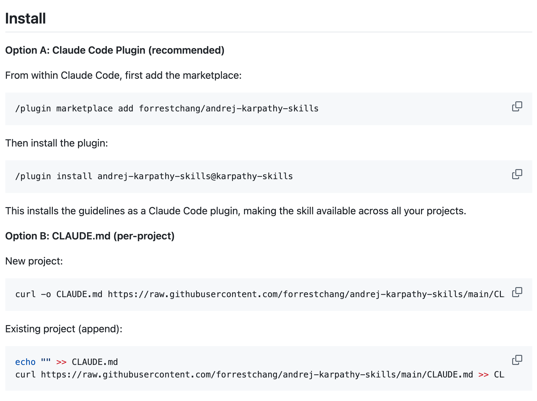 andrej-karpathy-skills README 安装截图，显示 Claude Code Plugin 和 CLAUDE.md per-project 两种安装方式