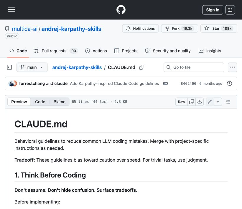 andrej-karpathy-skills 的 CLAUDE.md 文件，展示减少 LLM 编程错误的行为规范