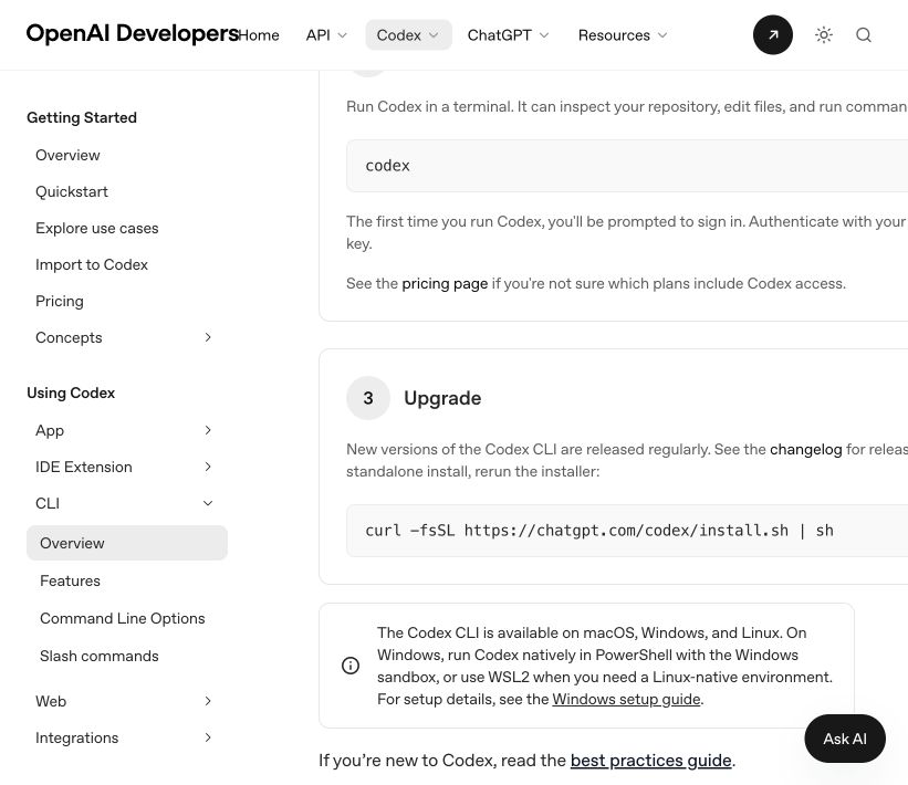 Codex CLI 文档页面显示运行 codex 和重新执行安装脚本升级的命令