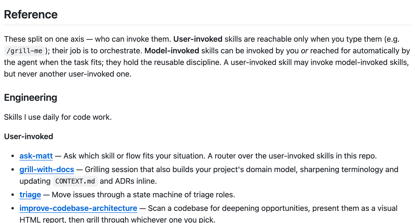 mattpocock/skills README Reference 截图,显示用户调用 Skill 和工程类 Skill 列表