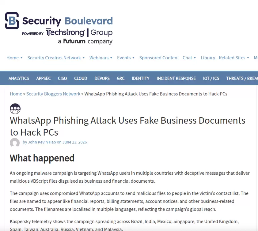 虚假商务文档驱动的 WhatsApp VBS 钓鱼远程入侵攻击与防御体系探究