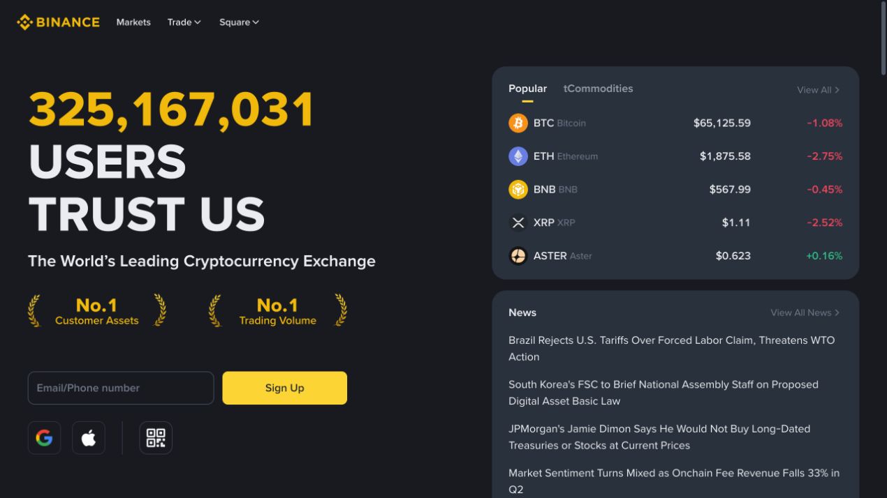 币安官网首页首屏，顶部导航、注册入口和市场信息位于 www.binance.com 页面内