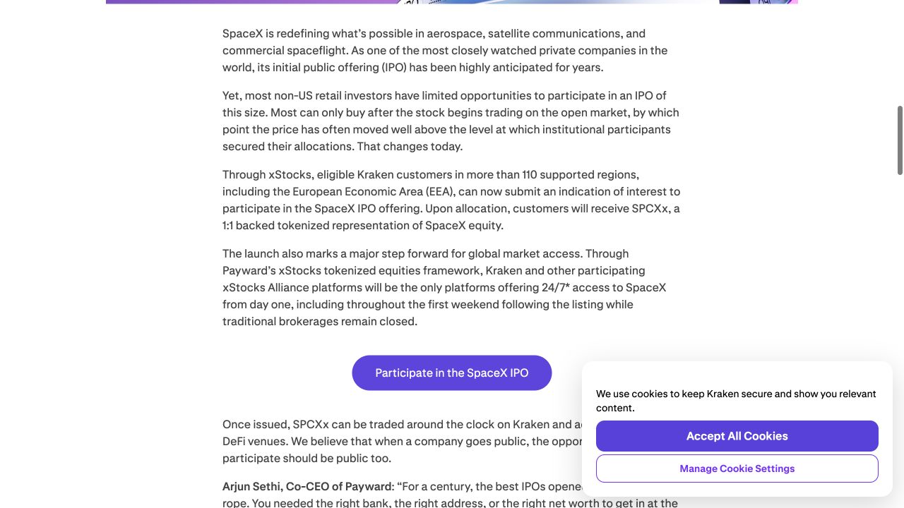 Kraken 页面正文明确显示 SPCXx 代码及一比一支持说明