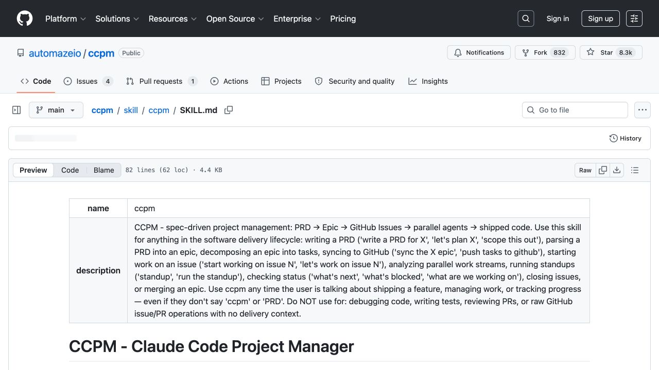 automazeio ccpm 仓库中的 SKILL.md 页面，左侧可见 plan、structure、execute、sync 和 track 文件