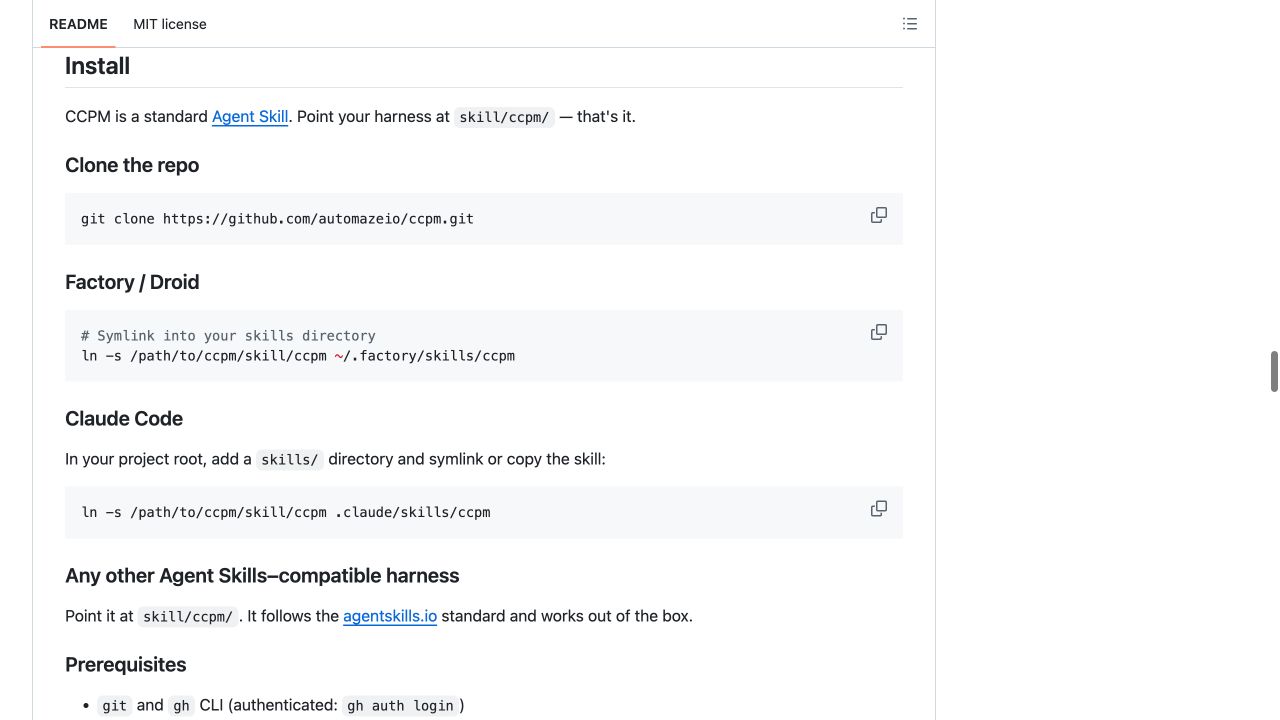 ccpm 官方 README 的安装段,包含 HTTPS 克隆命令和 Claude Code 的 Skill 目录