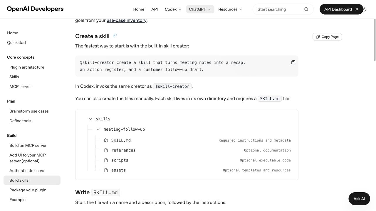 OpenAI Developers 的 Build skills 页面,说明 Codex Skill 由 SKILL.md 与可选 references、scripts、assets 组成