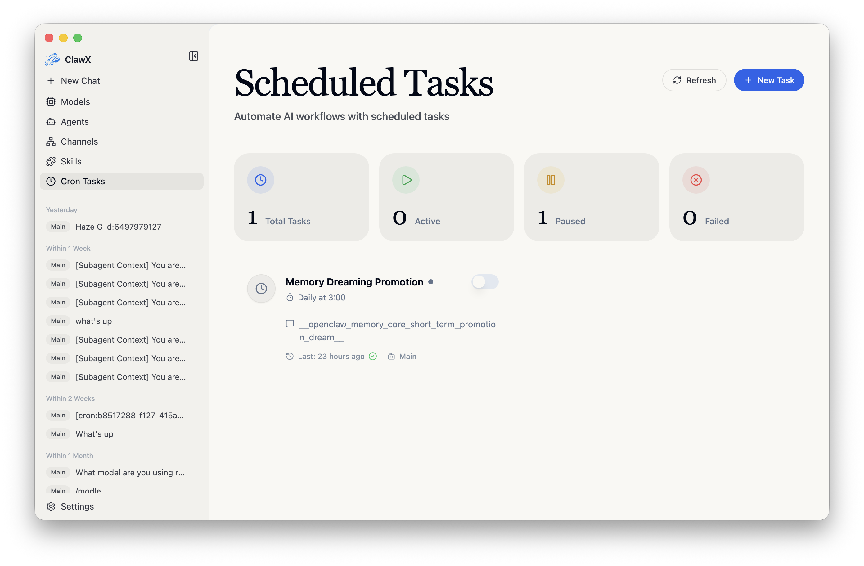 ClawX Scheduled Tasks 页面显示任务总数、运行状态和每日执行时间