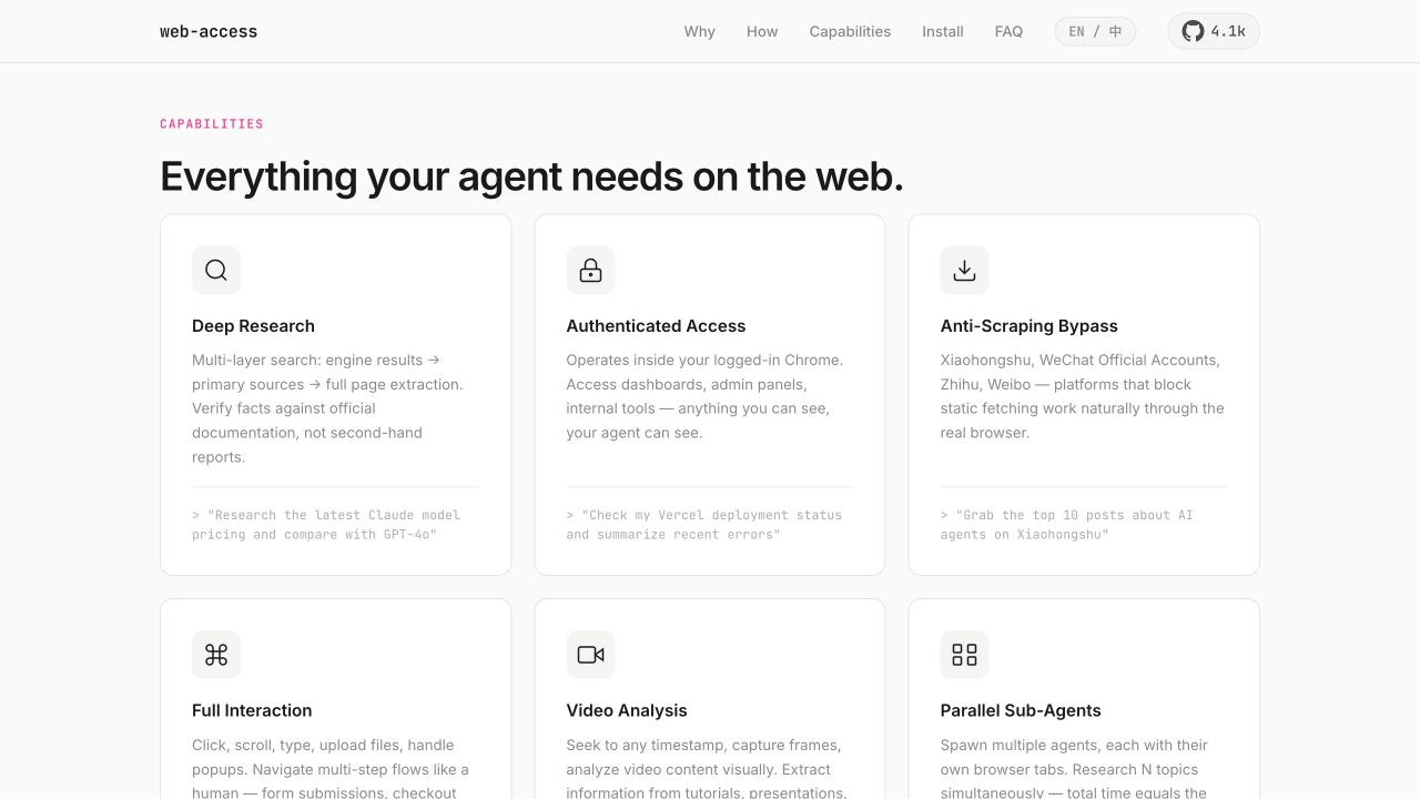 web-access 官网列出查看、操作和读取网页的能力卡片