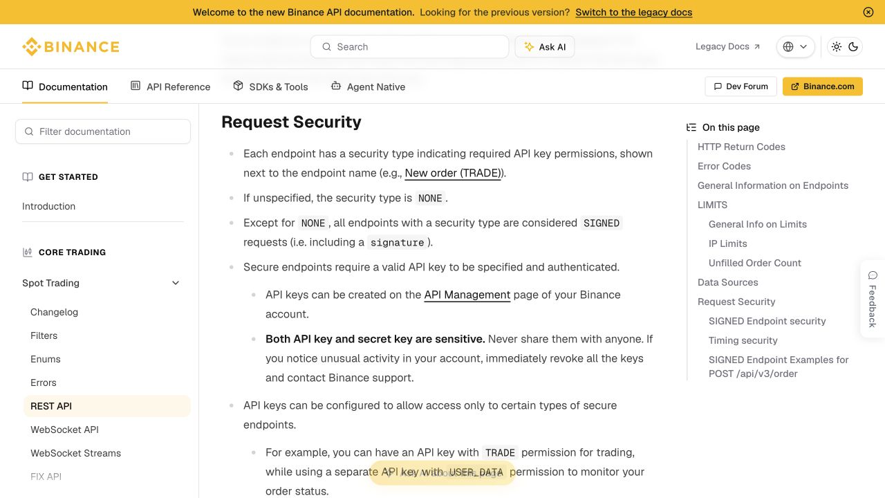 币安开发者文档Request Security段落，说明密钥、Secret和权限分离