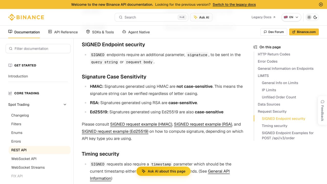 币安开发者文档SIGNED请求与HMAC、RSA、Ed25519签名说明