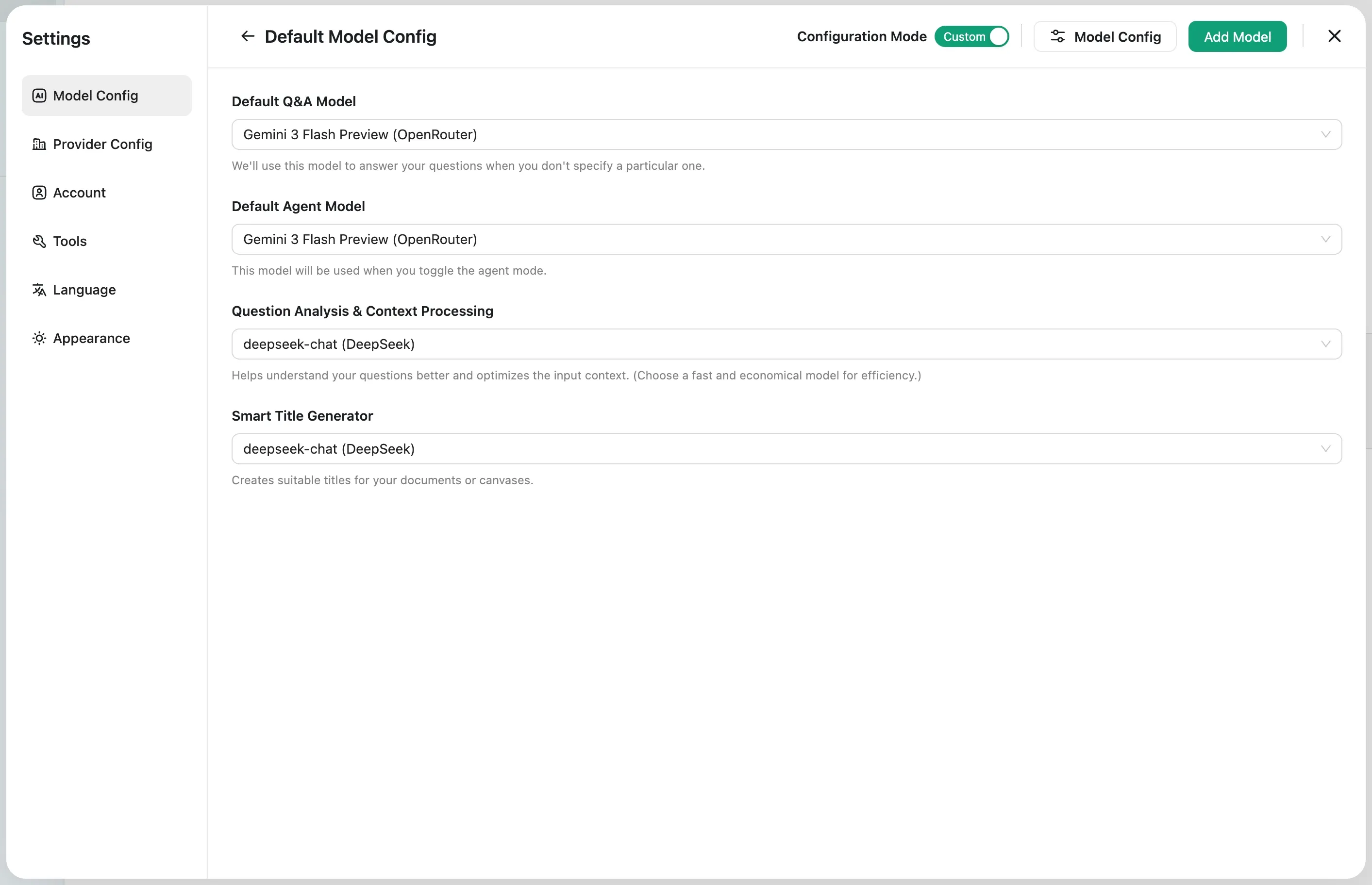 Refly Default Model Config 页面，展示默认 Q&A 模型和默认 Agent 模型下拉项