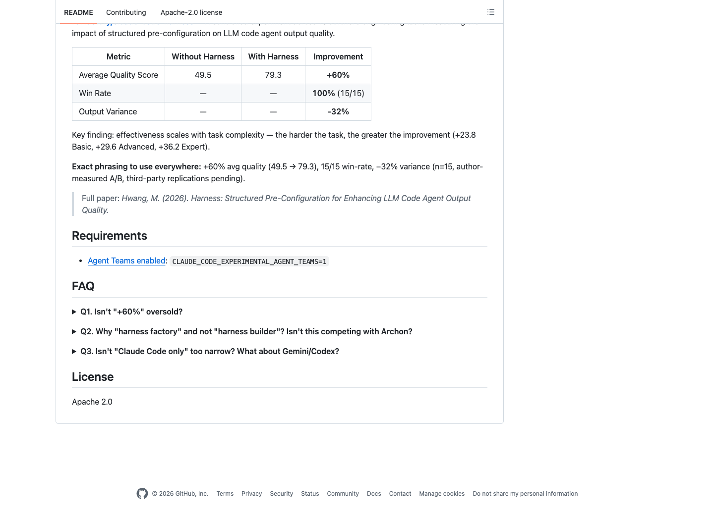 Harness README Requirements 区域展示 Agent Teams 环境变量要求