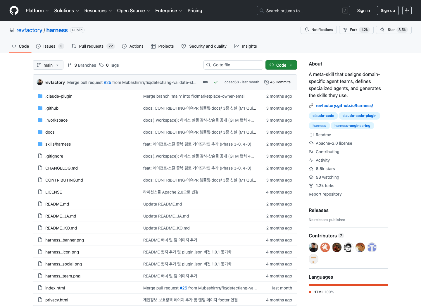 revfactory harness 官方 GitHub README 顶部展示项目定位